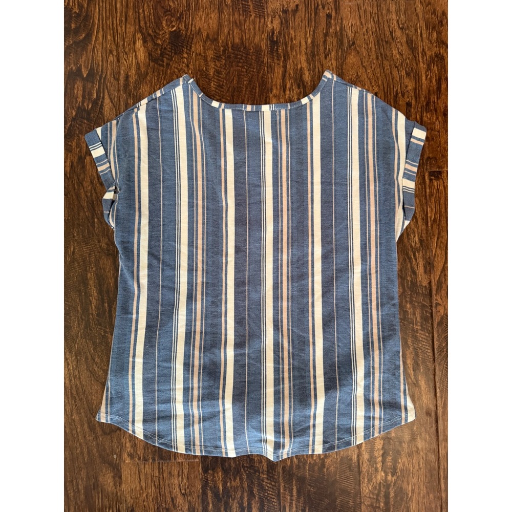 Vintage Rose Blue Striped Tie Front Button V-Neck Short Sleeve Top Large - Picture 3 of 3